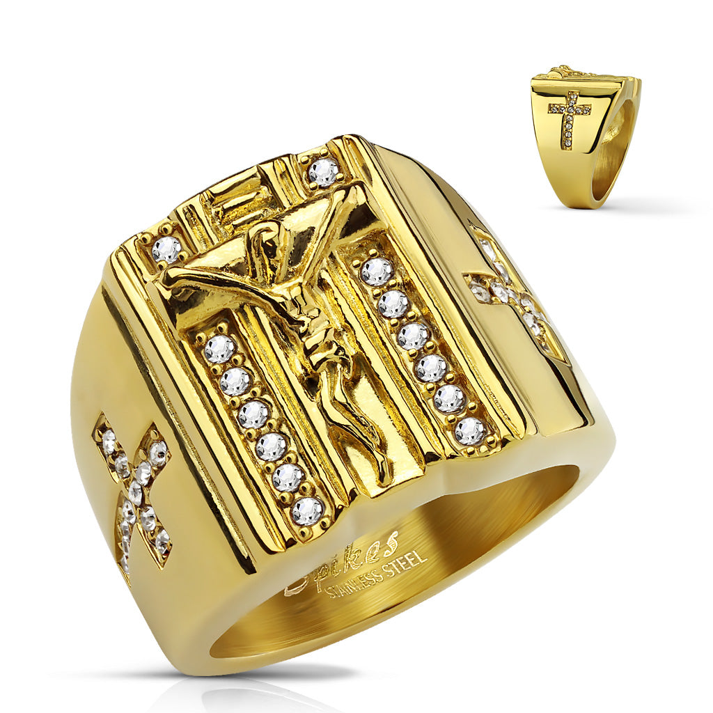 CZ Pave Cross Sides and Jesus on the Cross PVD Gold Over Stainless Steel Ring 120mm width