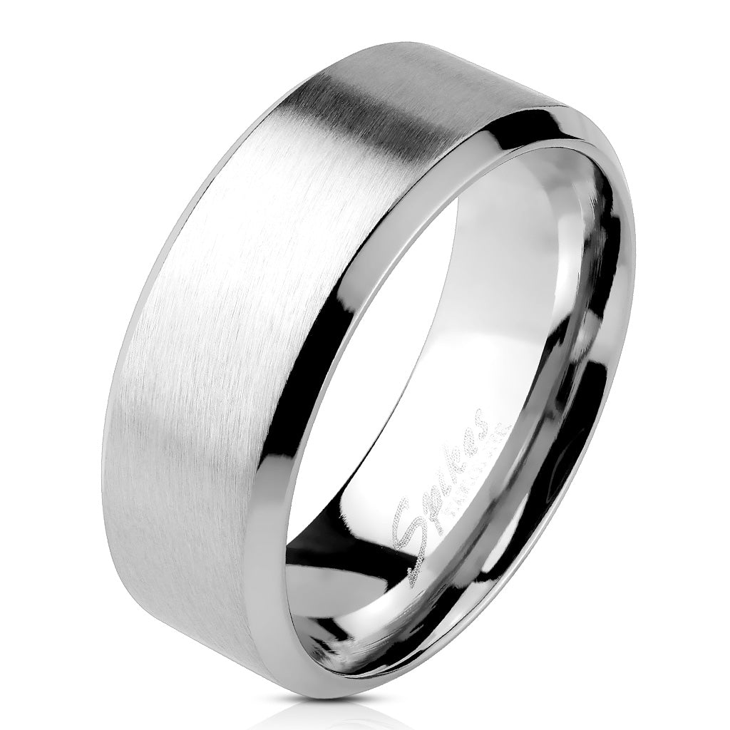 Brushed Center Flat Band with Beveled Edge Ring 316L Stainless Steel 8mm width