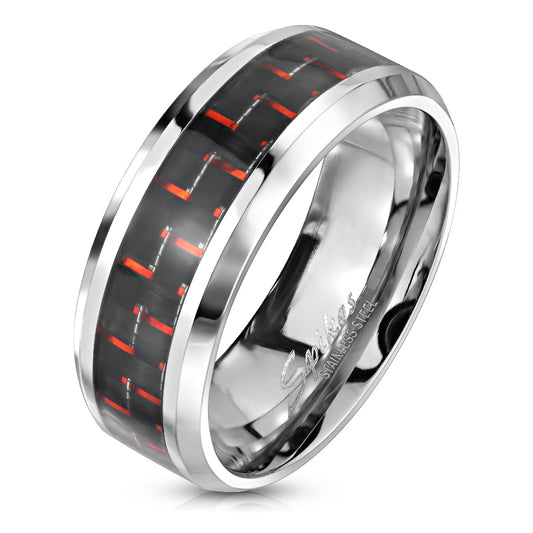 Black and Red Carbon Fiber Center Band Ring Stainless Steel 6mm width