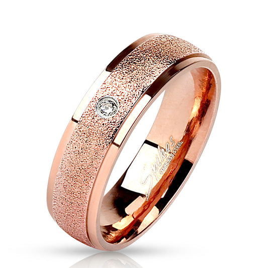 Sand Blast Center with Clear CZ Rose Gold IP Stainless Steel Ring 6mm width