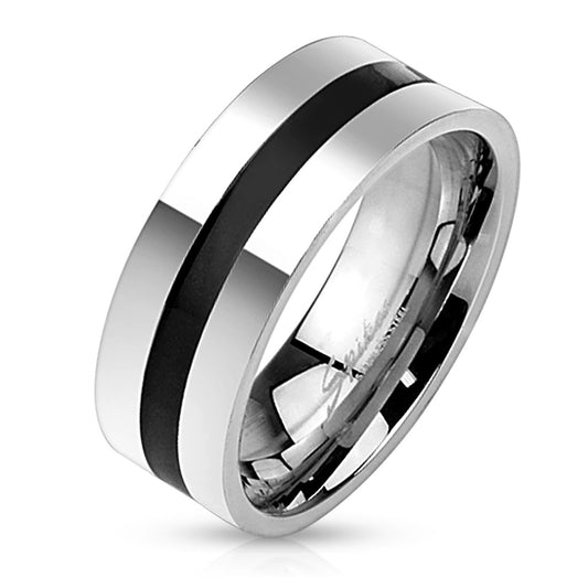 Black Line Centered Stainless Steel Band Ring 8mm width