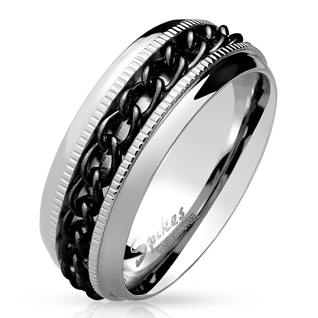 Black PVD Chain Center Spinner and Diacut Lined Stainless Steel Ring