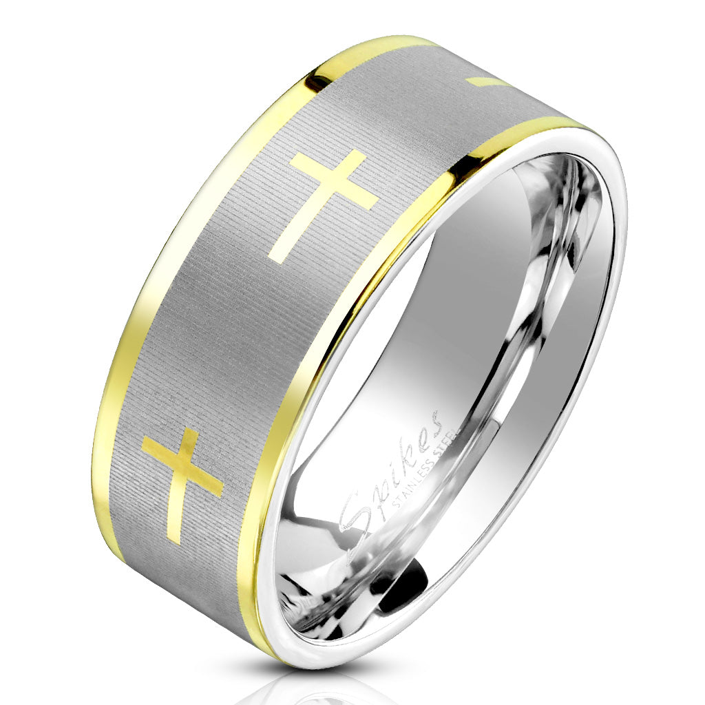 PVD Gold Cross with Brush Finished Center and Gold Edge Stainless Steel Ring 8mm width