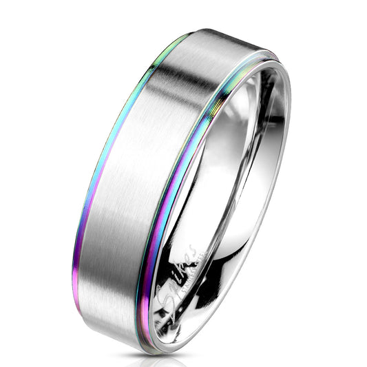 Rainbow IP Stepped Edges with Brushed Finish Center 316L Stainless Steel Classic Band Ring 6mm width