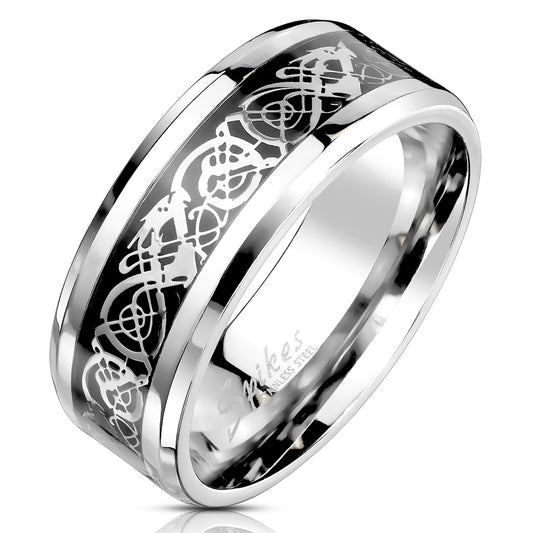 Celtic Dragon Steel Foil Inlaid Stainless Steel Ring 8mm width