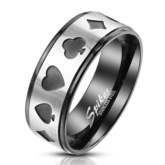 Steel Poker Card Shape Cut Out Center Two Tone Black Stainless Steel Ring