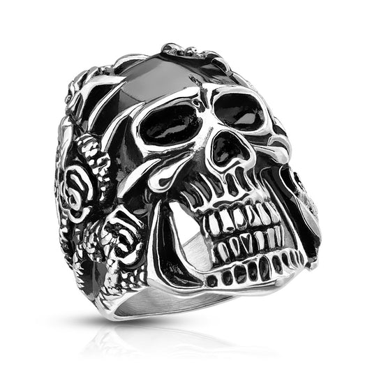 Rose Decorated Steel Claws Grasping Black Skull Stainless Steel Casting Ring