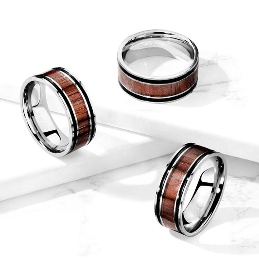 Wood Inlaid Center with Black Lines Stainless Steel Ring 9mm width