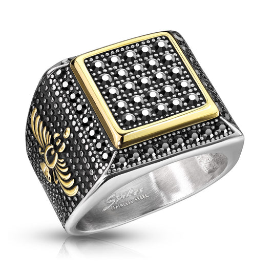 Black CZ Paved Gold Square Stainless Steel Ring 20mm width