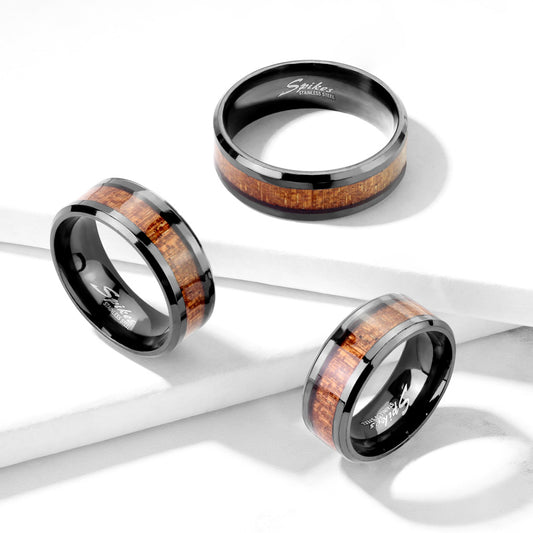 Wood Inlay Center Beveled Edges Black IP Stainless Steel Ring