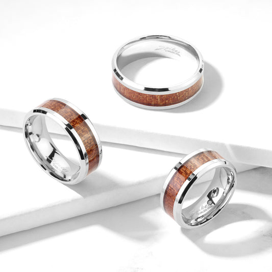 Wood Inlay Center Beveled Edges Stainless Steel Ring