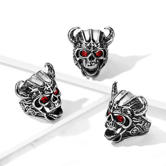 Viking Stainless Steel Skull Ring with Red Gem Eye