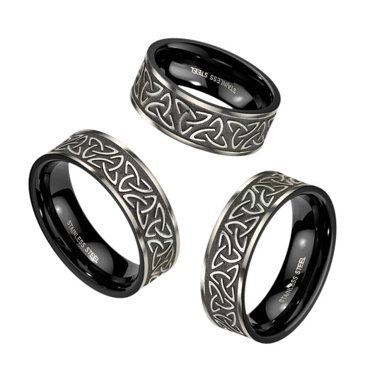 Tribal Celtic Trinity Knot Black Stainless Steel Ring 8mm  width