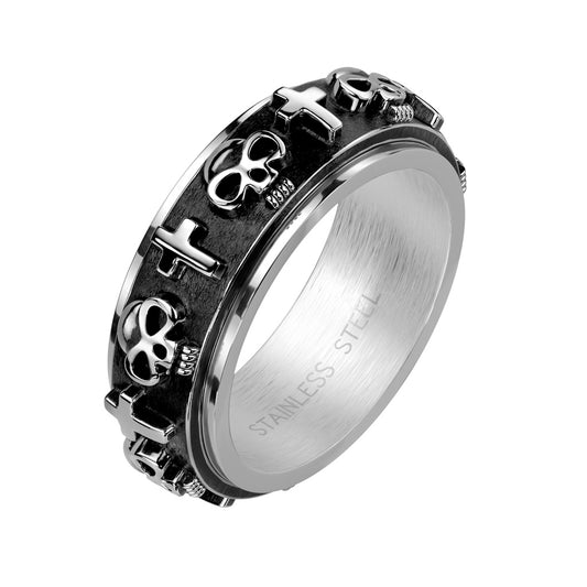 Skulls and Crosses on Black Spinner Center Stainless Steel Ring 8mm width