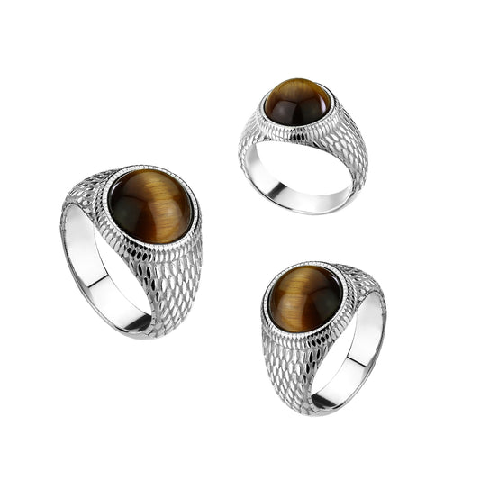 Tiger Eye Stone on Lizard Skin 316L Stainless Steel Ring