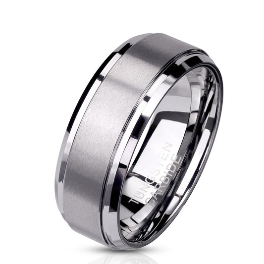 Brushed Center Stepped Edges Tungsten Carbide Ring 8mm width