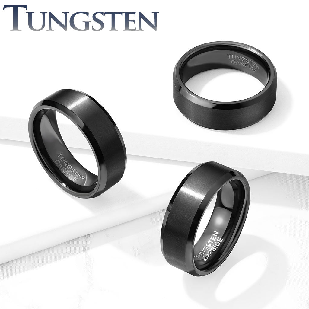 Black Brushed Center Black PVD Stepped Edges Tungsten Carbide Ring 8mm width