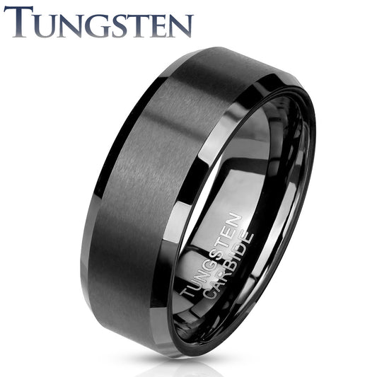 Brushed Center Gun Metal Beveled Edges Tungsten Carbide Ring 8mm widh