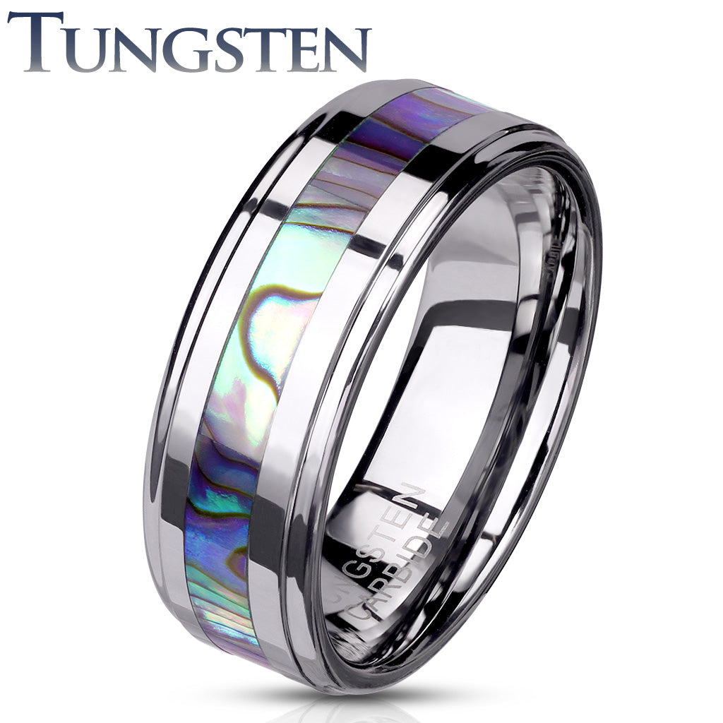 Abalone Inlay Center Stepped Edges Tungsten Carbide Ring 8mm width