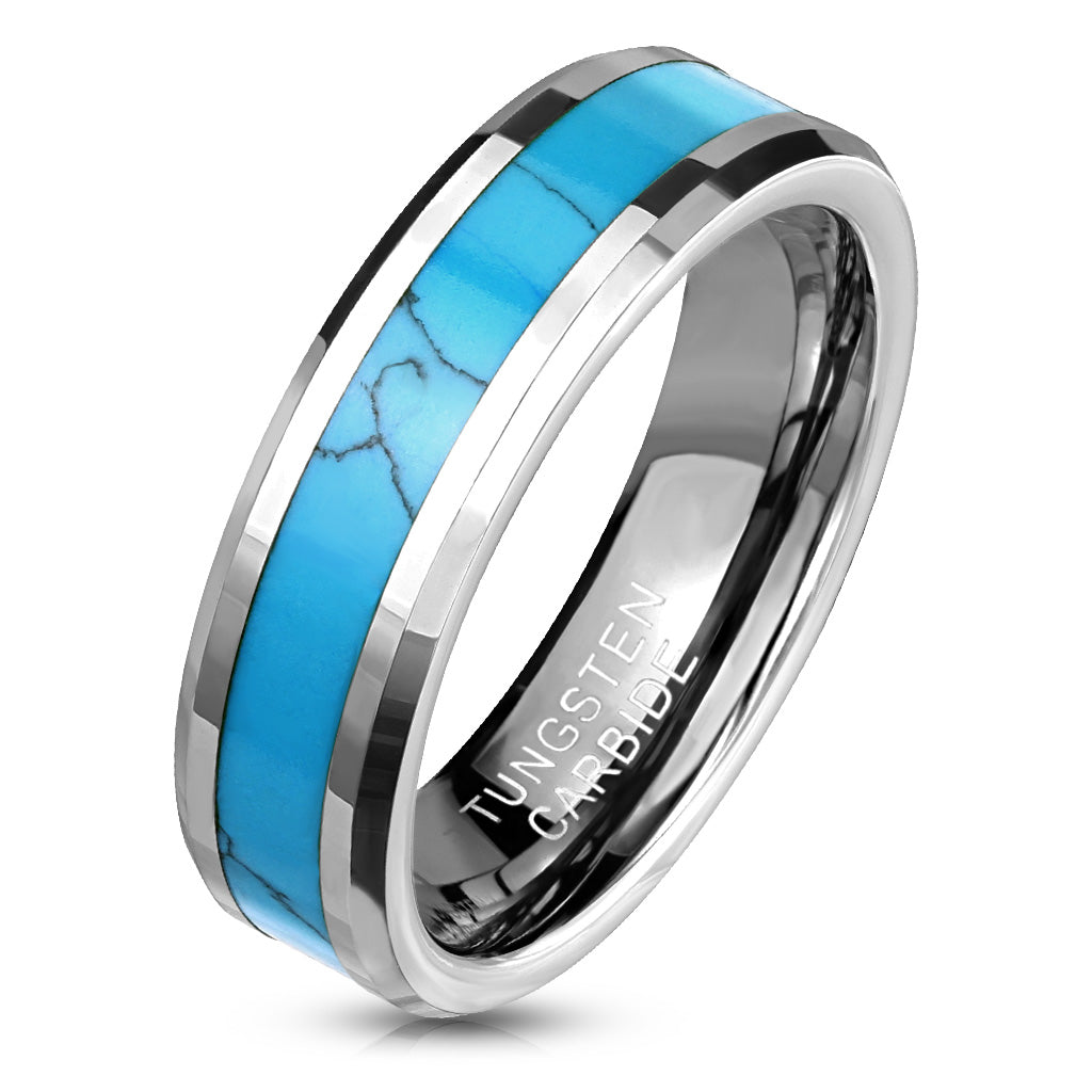 Turquoise Inlay Center Beveled Edges Tungsten Carbide Ring 6mm width