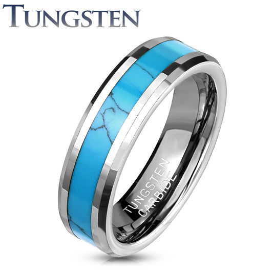 Turquoise Inlay Center Beveled Edges Tungsten Carbide Ring 6mm width