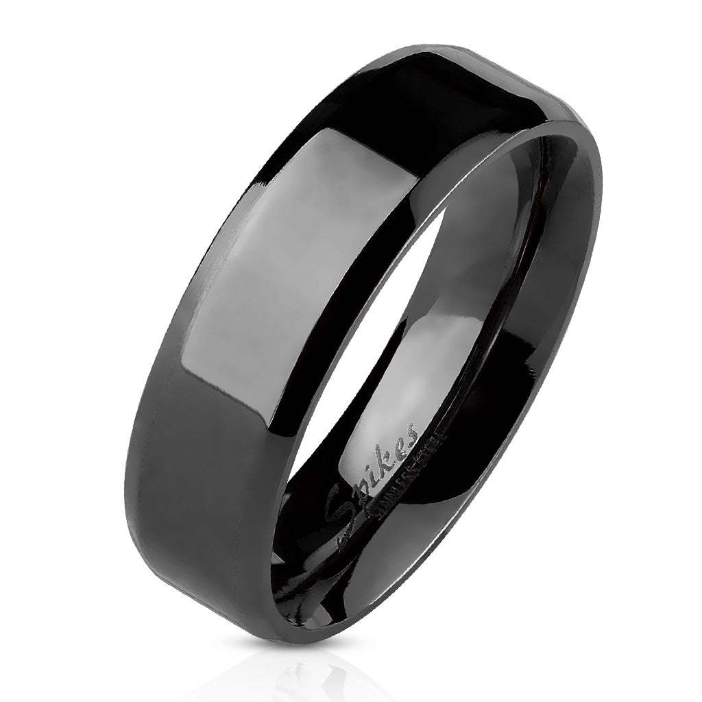 Beveled Edge Flat Band Black IP Over Stainless Steel Ring 8mm