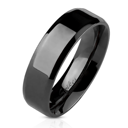 Beveled Edge Flat Band Black IP Over Stainless Steel Ring 6mm with