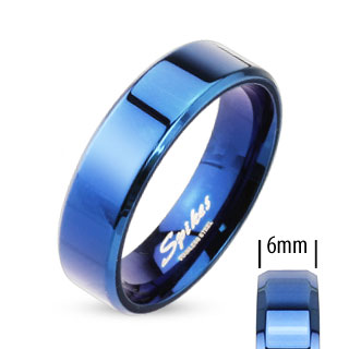 Beveled Edge Flat Band Blue IP Over Stainless Steel Ring 6mm width