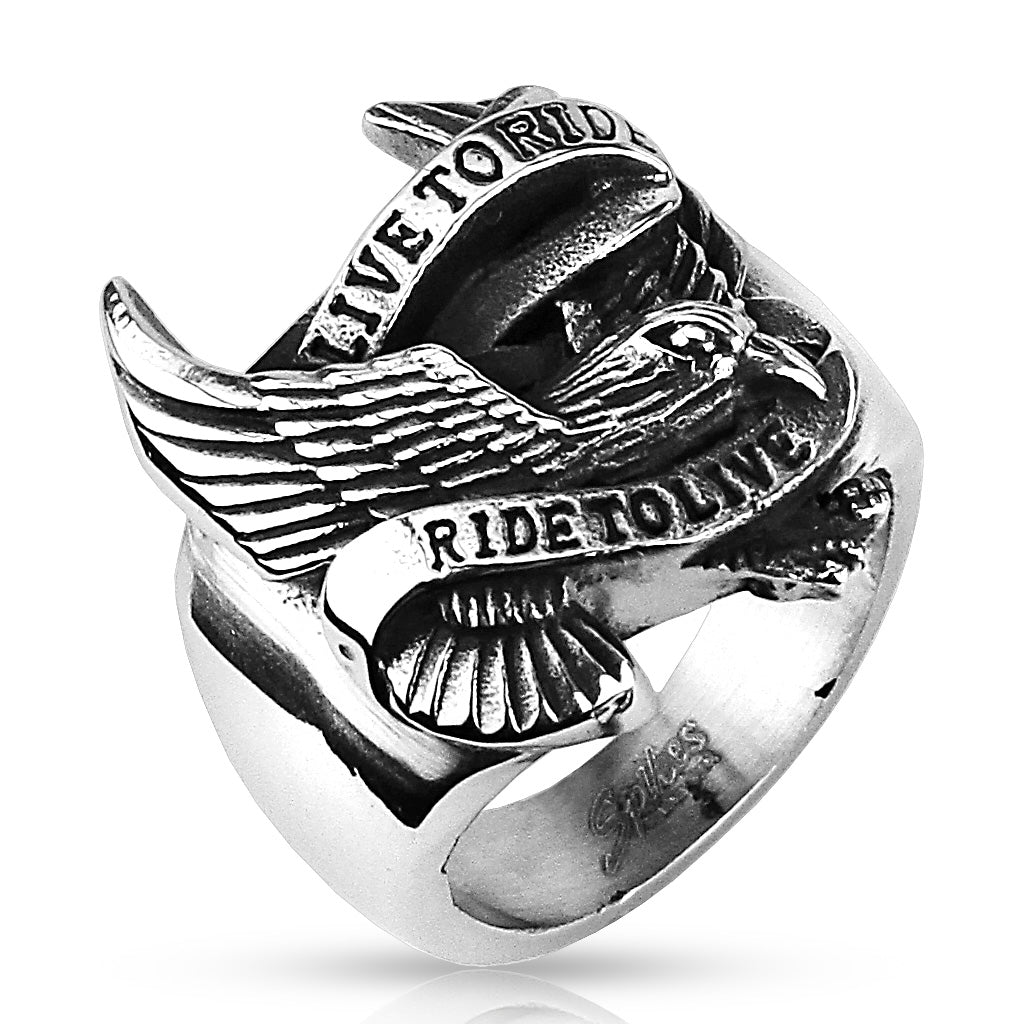 Biker Eagle 'Live to Ride Ride to Live' Wide Cast Ring 316L Stainless Steel