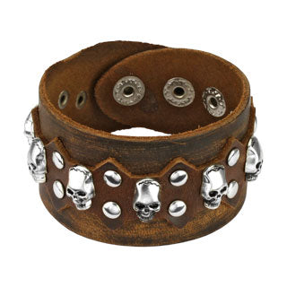 Brown Leather Bracelet with Multi Skulls and Round Studs with Spike Center Design