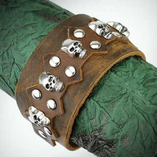 Brown Leather Bracelet with Multi Skulls and Round Studs with Spike Center Design