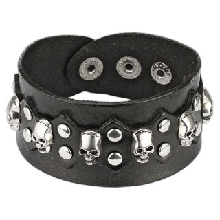 Brown Leather Bracelet with Multi Skulls and Round Studs with Spike Center Design