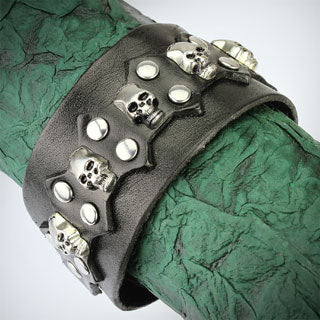 Brown Leather Bracelet with Multi Skulls and Round Studs with Spike Center Design